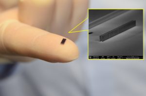 Beschleunigerchip auf der Fingerspitze und eine Elektronenmikroskopie des Chips Hagen Schmidt/Andrew Ceballos